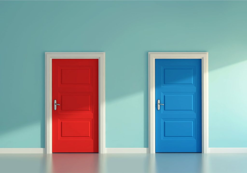 Two doors on a light blue wall, the left door is red and the right door is blue, representing decision-making.