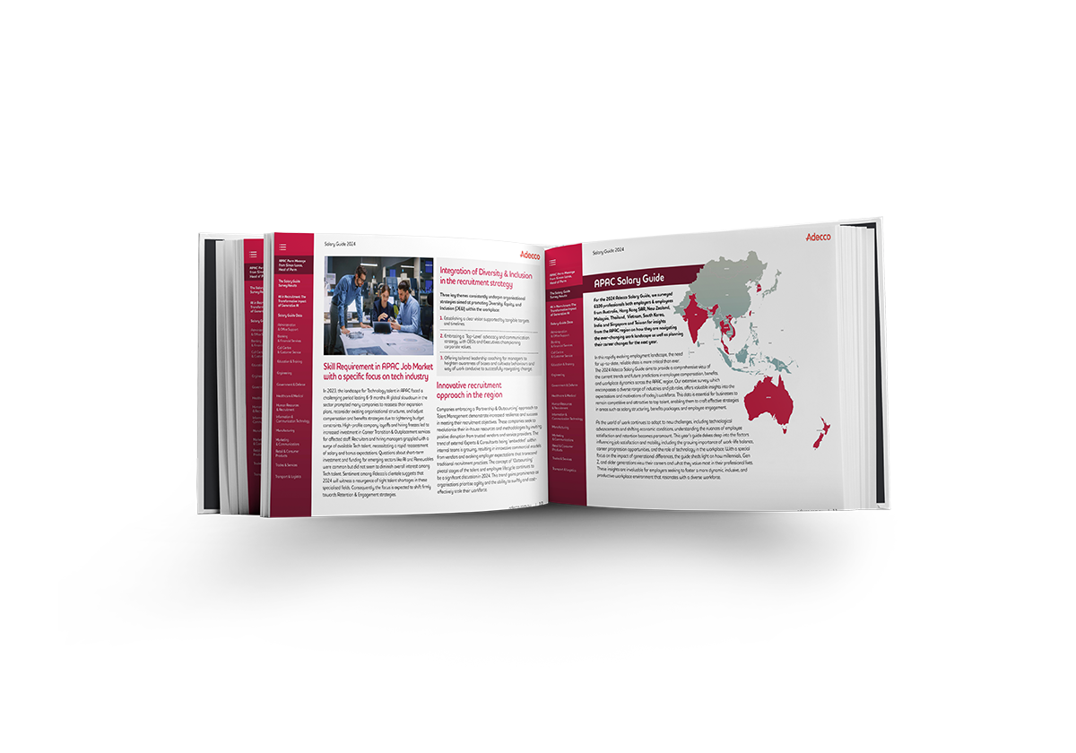 An open book displaying pages from the Adecco 2024 Salary Guide with text, images, and a map of the Asia-Pacific region.