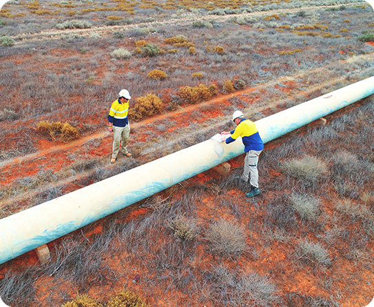 Two workers inspecting a pipeline in a remote area, symbolising expertise in energy infrastructure.