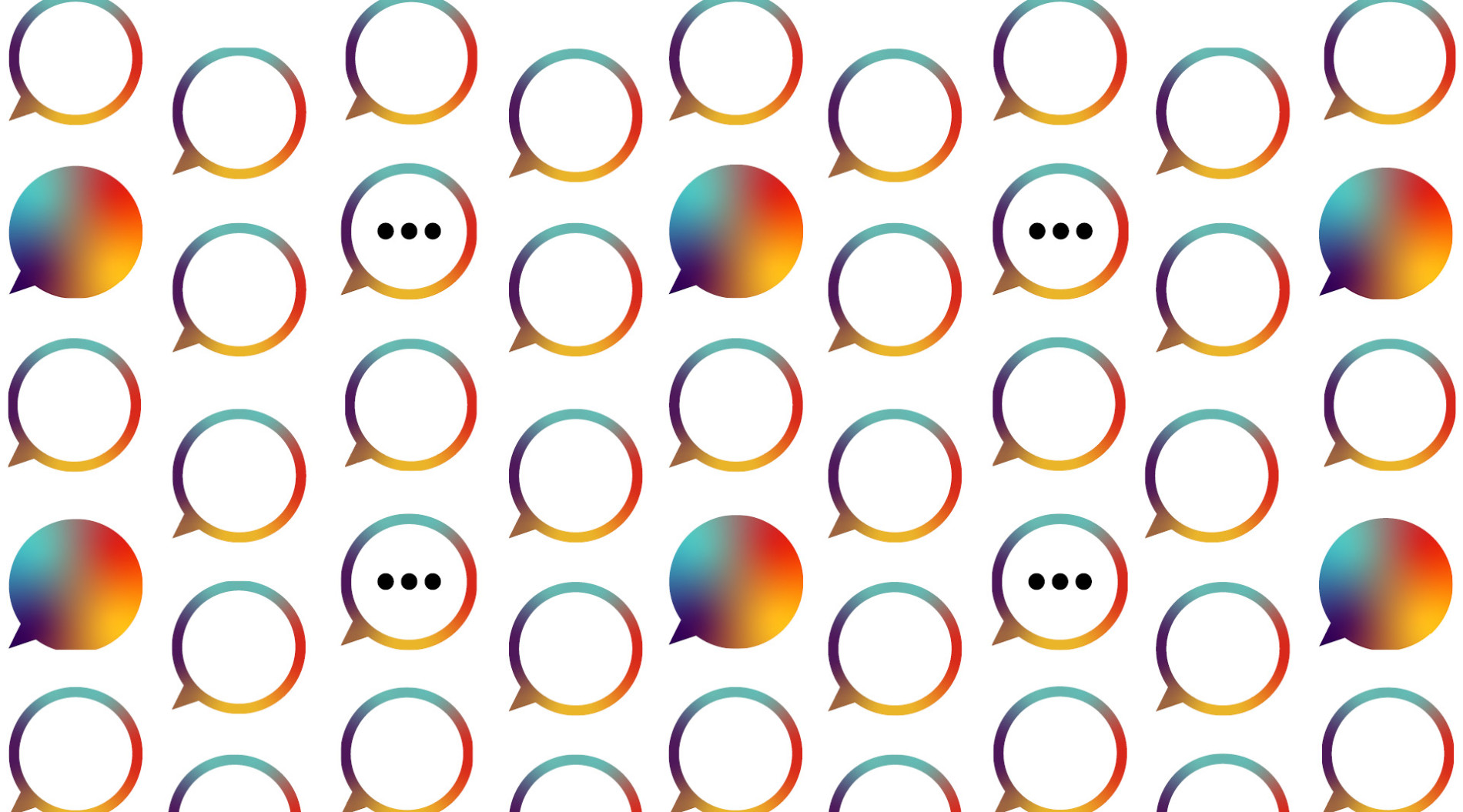A series of assorted speach bubbles, some empty, some with dots indicating speach, some are filled with colour. The colour scheme of the speach bubbles follows the brand colours of The Adecco Group.