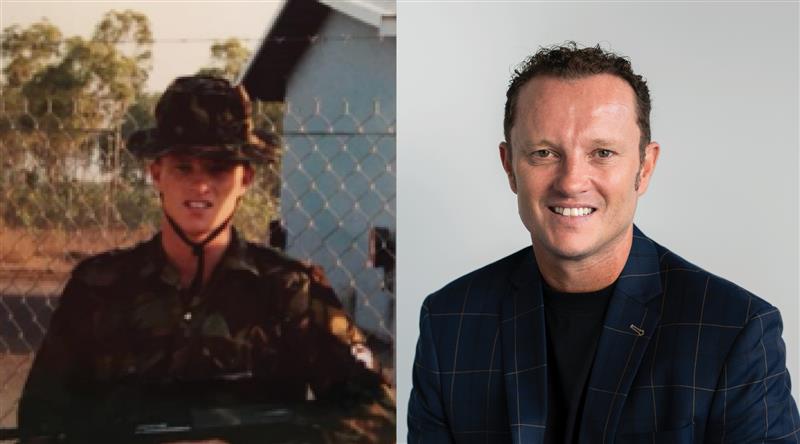 Side-by-side image of Tim Mackey: on the left in NZ Army uniform outdoors, and on the right in civilian attire - a dark blue checkered blazer and black shirt as he works for Adecco.
