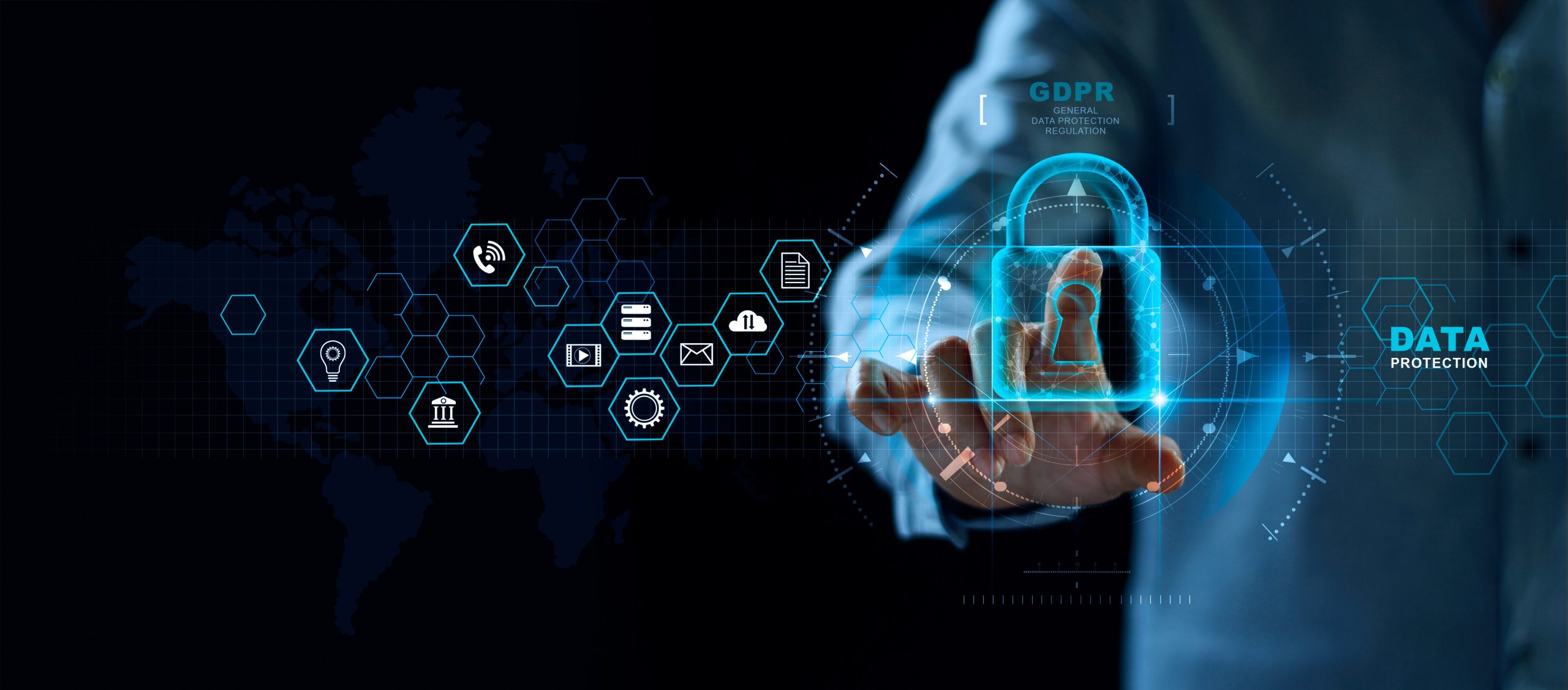 Data protection privacy concept. GDPR. EU. Cyber security network. Business man protecting data personal information on tablet and virtual interface. Padlock icon and internet technology networking connection on digital