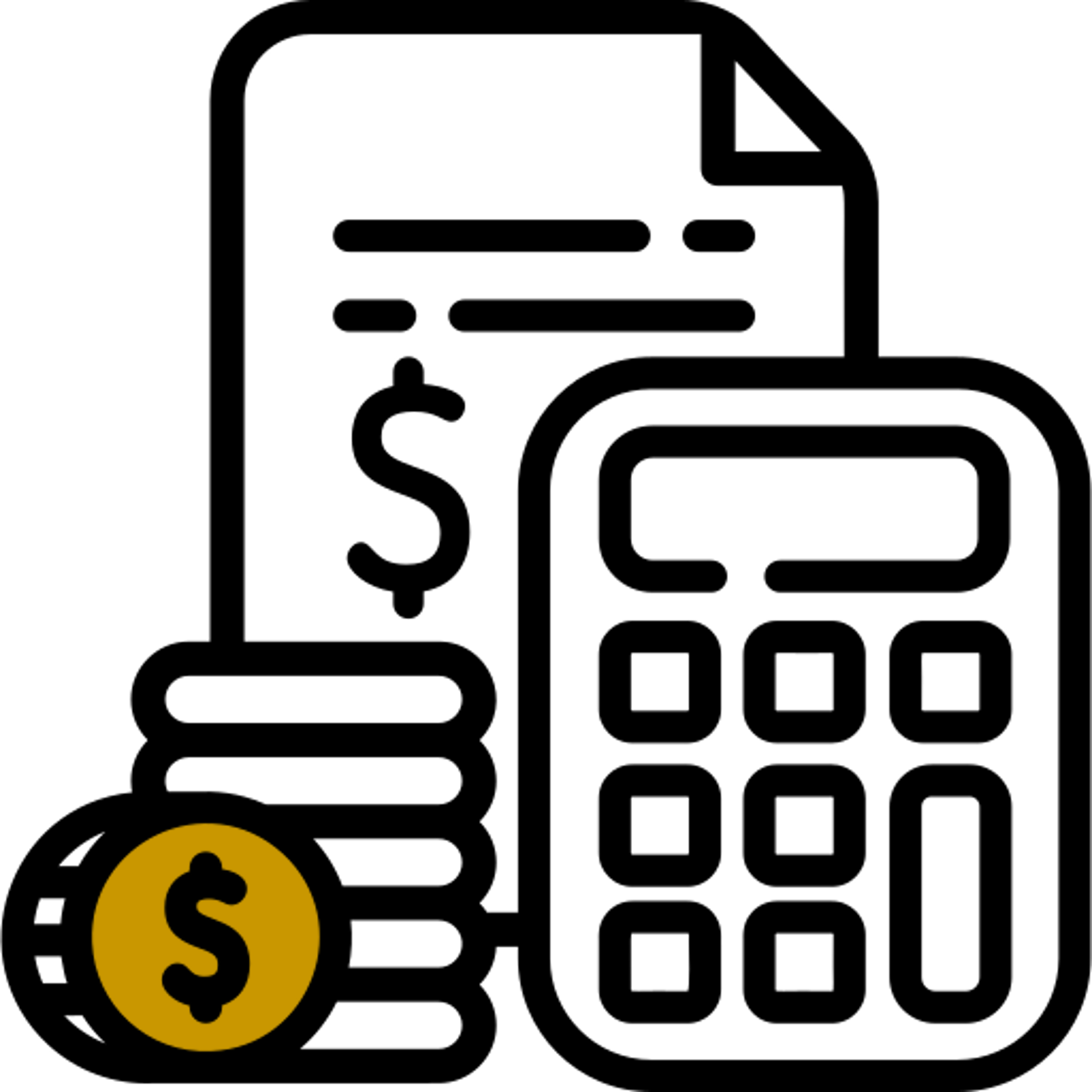 Outline icon of dollars, ledgers and calculator.