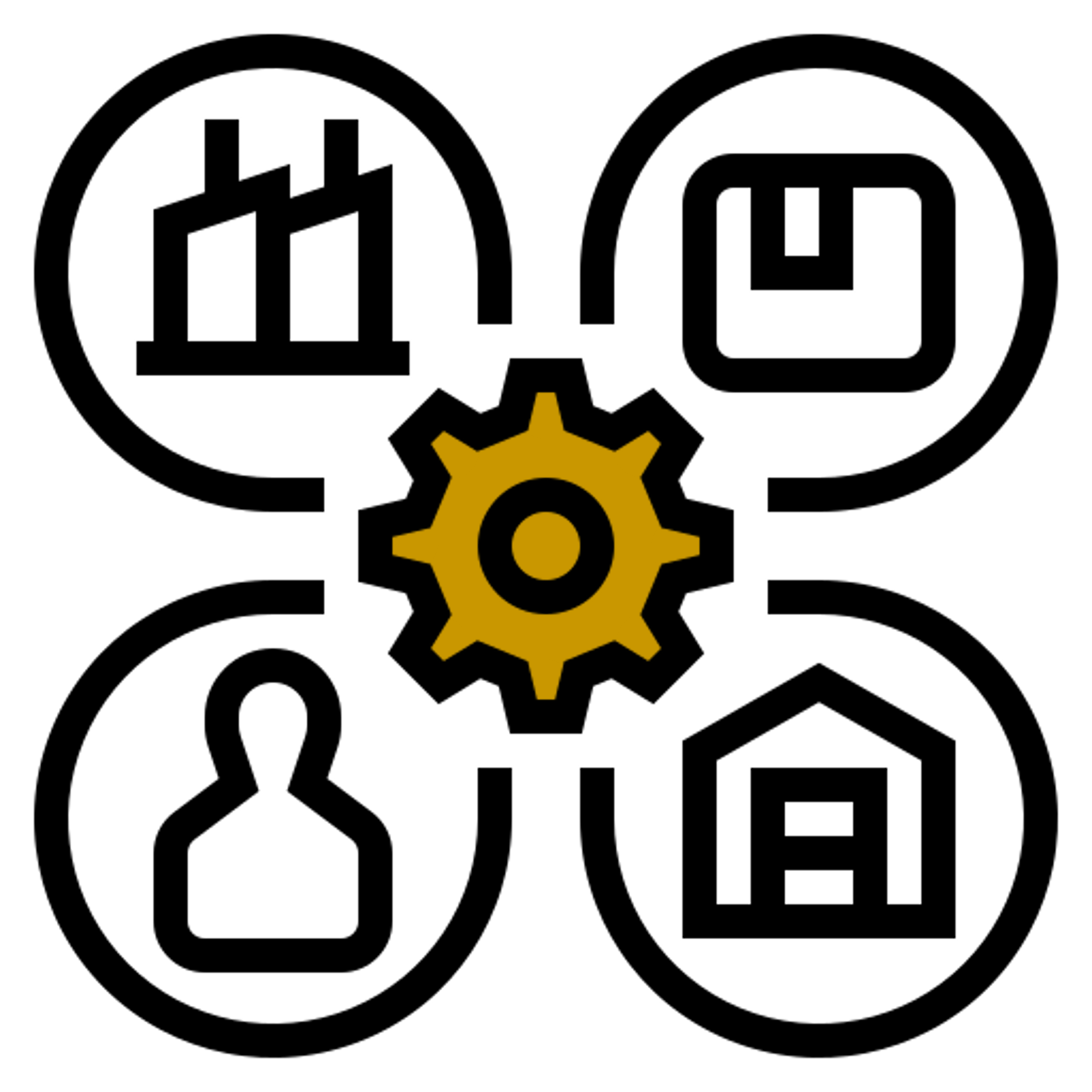 Icon outline of a supply chain involving transportation, manufacturing and delivery.