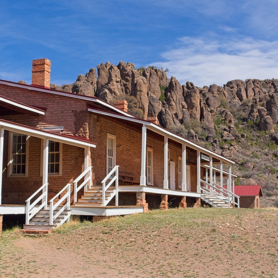 Old military hospital on the military ground of old Fort Davis, Texas On the military ground of old Fort Davis, Texas. The Davis mountains rise above the national park service site.