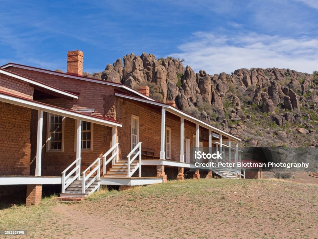 On the military ground of old Fort Davis, Texas. The Davis mountains rise above the national park service site.