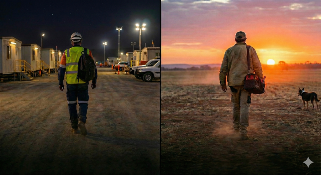 mining worker and farm worker at the end of a shift