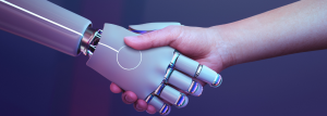 Robot hand shaking human hand. Artificial intelligence hand shake.