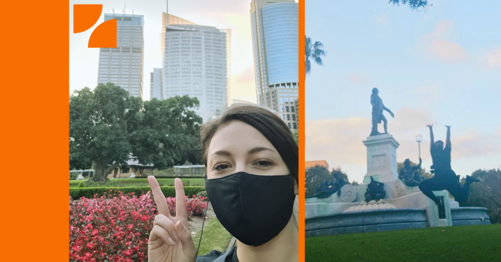 Woman with black face mask demonstrating the peace sign in a garden with the city in the back ground. The picture on the right shows monuments.