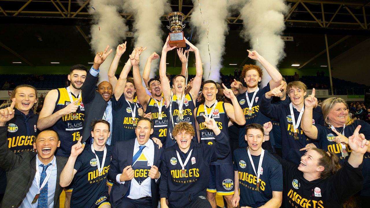 Nuggets celebrate after their win during the NZNBL grand final match between the Manawatu Jets and the Otago Nuggets, NZ National Basketball League Grand Final held at Trusts Stadium, Auckland, New Zealand.  01  August  2020       Photo: Brett Phibbs / www.photosport.nz