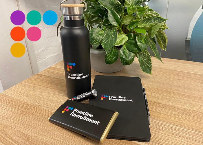 Frontline branded notebook, mints, chocolate and drink bottle