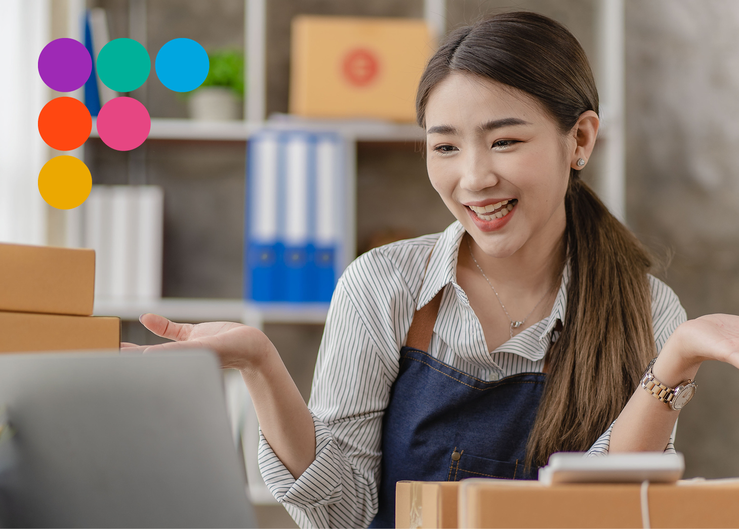 Retail worker talking to computer