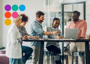 group of happy people in the office having a meeting