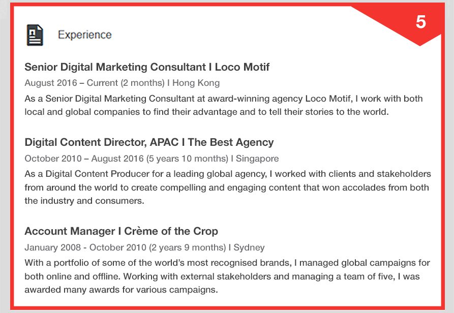 LinkedIn profile: Experience