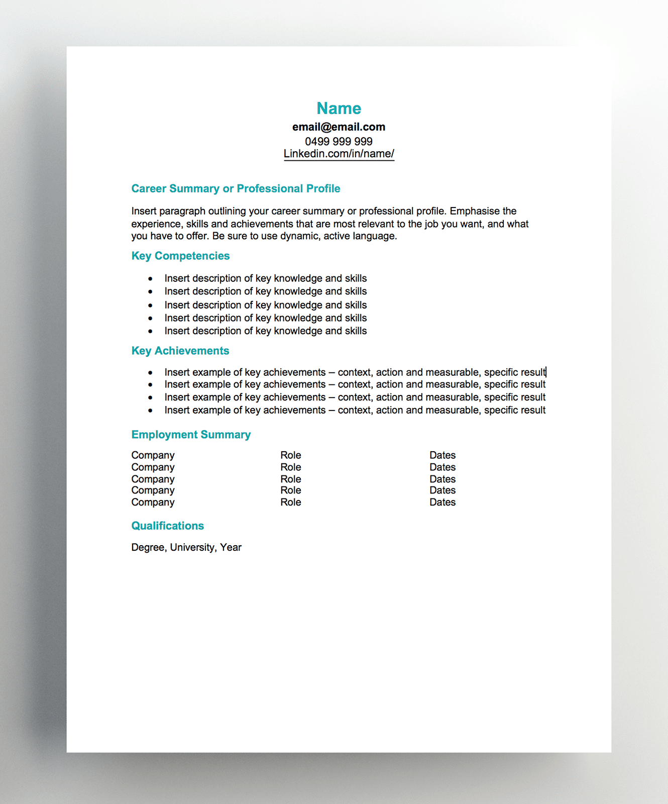 One-page career summary