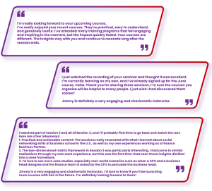 Participant feedback highlighting the program’s practical content, useful frameworks, and engaging instructor.