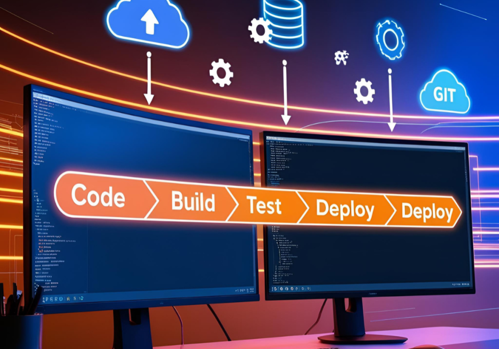 A dynamic workspace with glowing code on dual screens, a pipeline flowchart connecting code → build → test → deploy. Floating icons of cloud, gears, containers, and Git merge arrows swirl a