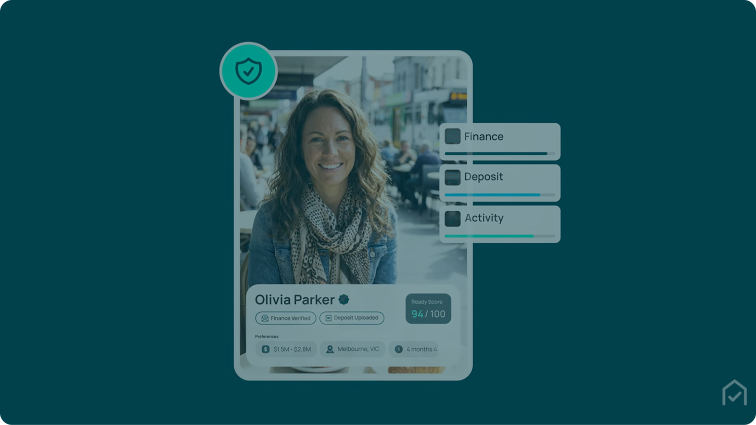 A profile card interface for user Olivia Parker, featuring a photo of her smiling in an outdoor cafe setting.