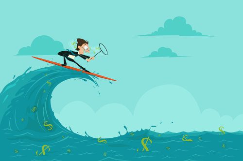 easy to edit vector illustration of businessman surfing and catching dollar