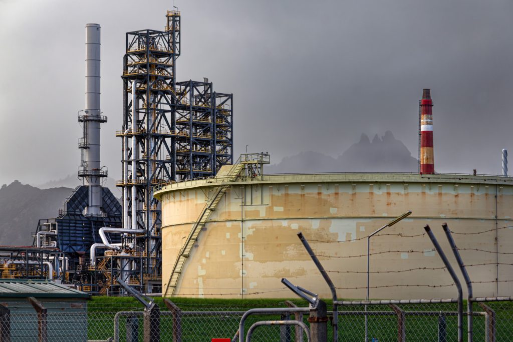 Marsden Point, New Zealand. Decommissioned rusting oil refinery, which refined crude oil from 1964 to 2022. Photo taken in 2025.