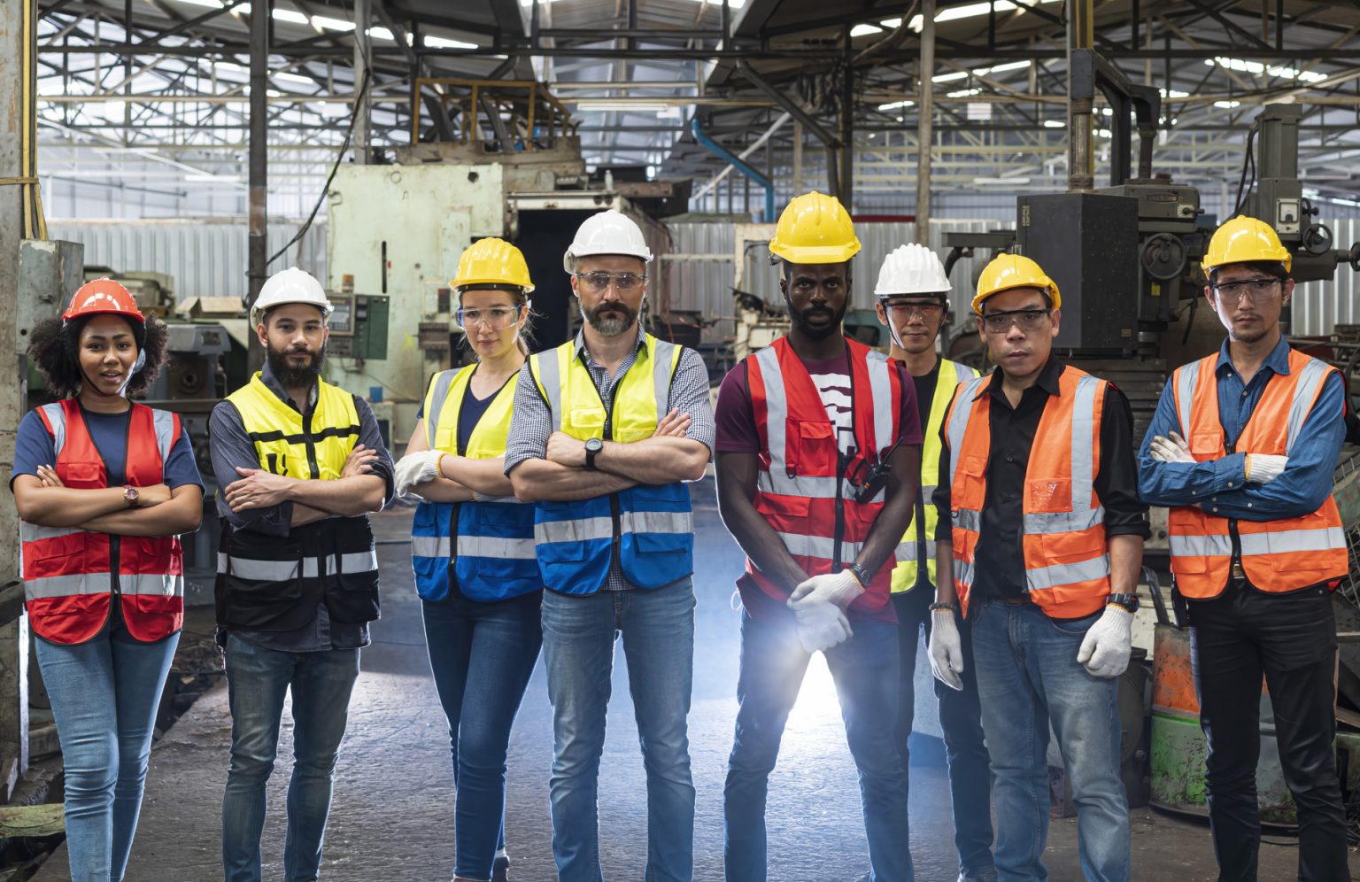 Team workers Group of diverse trade and engineering workers wearing safety gear and PPE, standing together confidently in an industrial workshop.