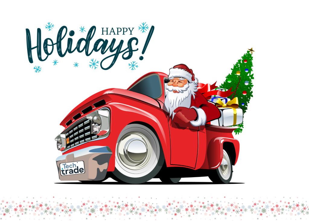 A cheerful holiday-themed image featuring Santa Claus driving a truck full of gifts. The truck’s license plate reads “Techtrade,” and a festive message on the side says “Happy Holidays.”