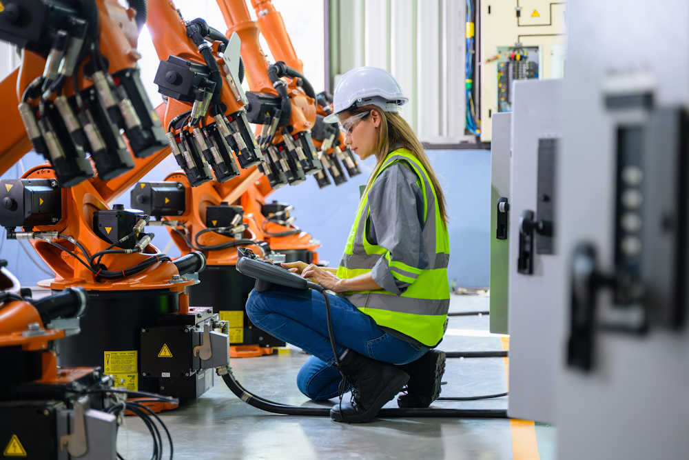 TechTrade industrial automation engineer inspecting robotic machine components on a smart factory floor