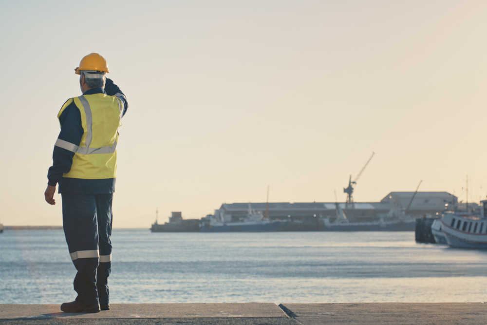 TechTrade freight and logistics supervisor overseeing safe import and export operations at port dock