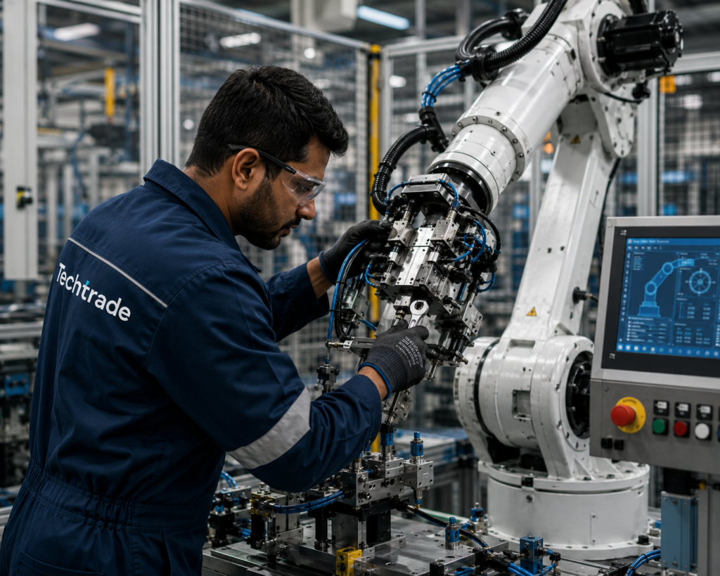 Automation engineer programming an industrial robotic arm in a modern New Zealand manufacturing facility.