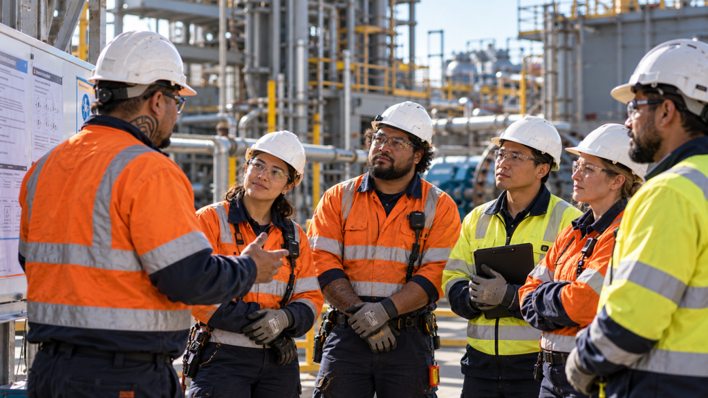 Engineering contractors completing a site safety induction before industrial maintenance work in New Zealand.