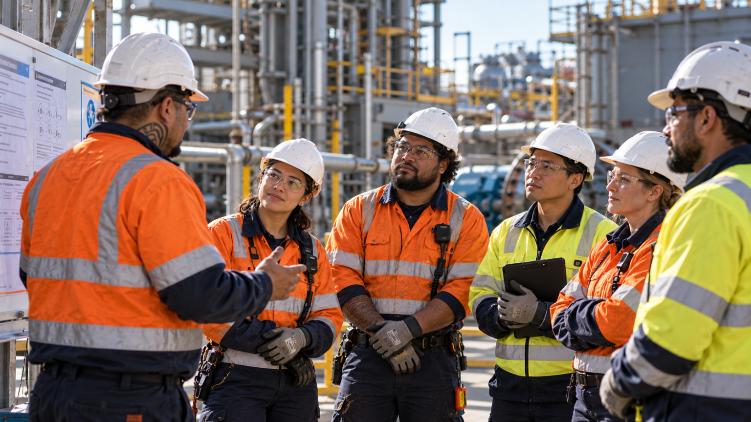 Engineering contractors completing a site safety induction before industrial maintenance work in New Zealand.