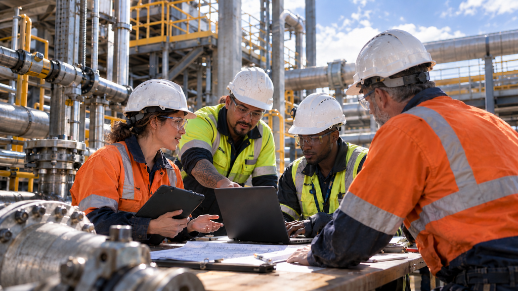 Engineering and skilled trades professionals working together at an industrial facility in Auckland, New Zealand.