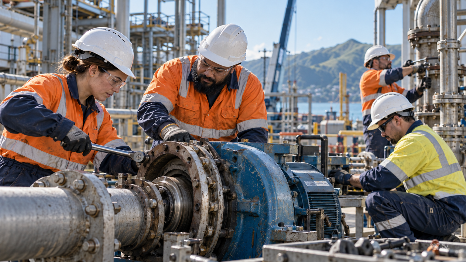 Industrial Crew Servicing Coastal Pump Machinery