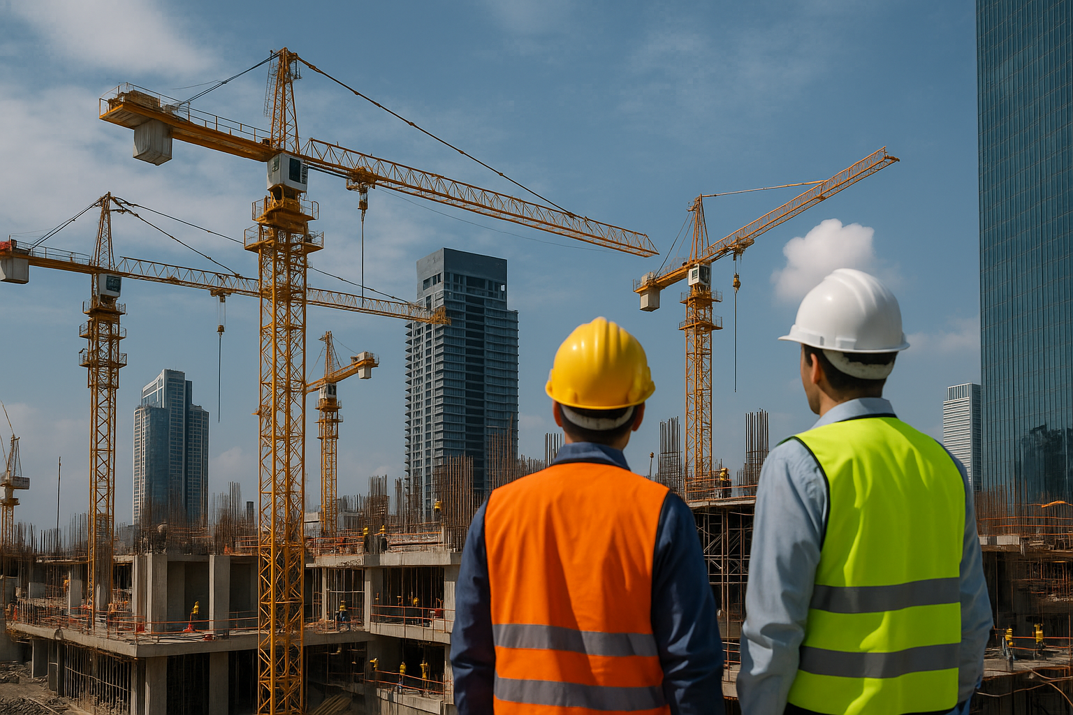 Two construction professionals wearing safety vests and helmets stand at a large urban building site filled with cranes and high-rise towers under construction. The image captures Australia’s booming project pipeline and strong demand for skilled talent in architecture and commercial construction, reflecting the forward-looking theme of 2026 industry growth.